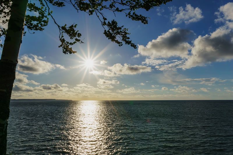Sonniger Tag am Meer mit Wolken und einem Ast im Vordergrund