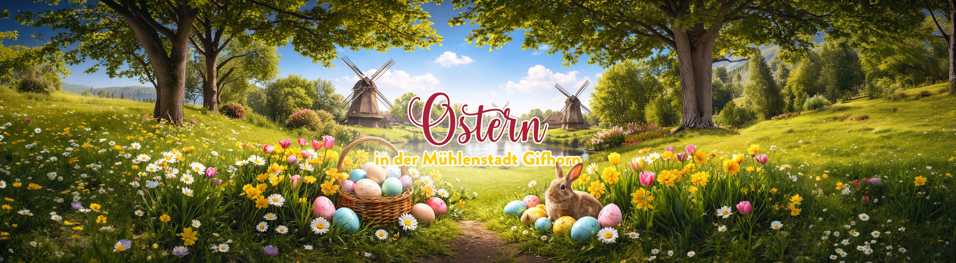 Traditionelle Windmühlen in einer grünen Umgebung an einem sonnigen Tag.