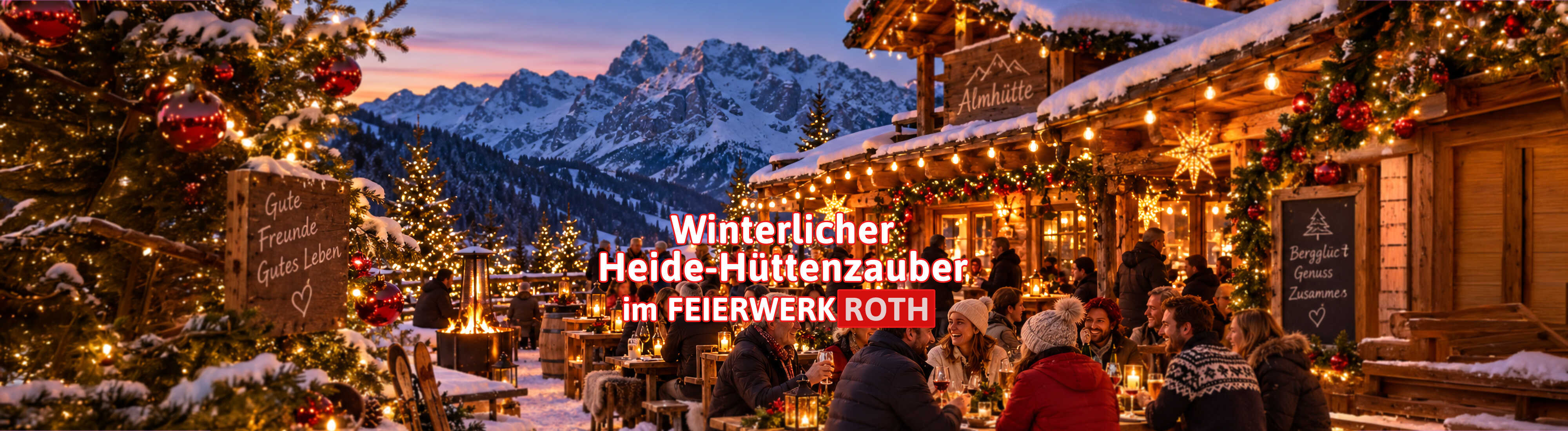 Das Bild zeigt einen stimmungsvollen winterlichen Hüttenzauber mit verschneiter Bergkulisse, festlicher Beleuchtung und gemütlich feiernden Gästen.