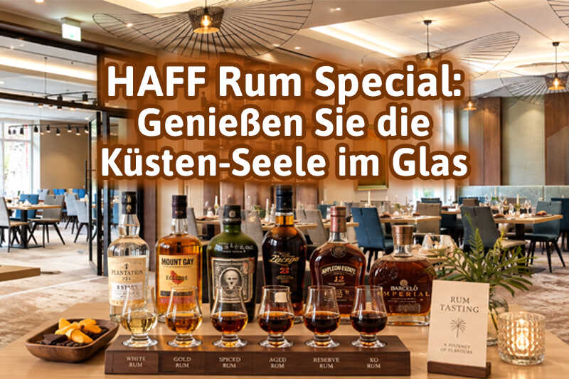 Das Bild zeigt eine stilvolle Rumverkostung mit verschiedenen Rumsorten und Gläsern in einem modernen Restaurant unter dem Motto „Haff Rum Special“.