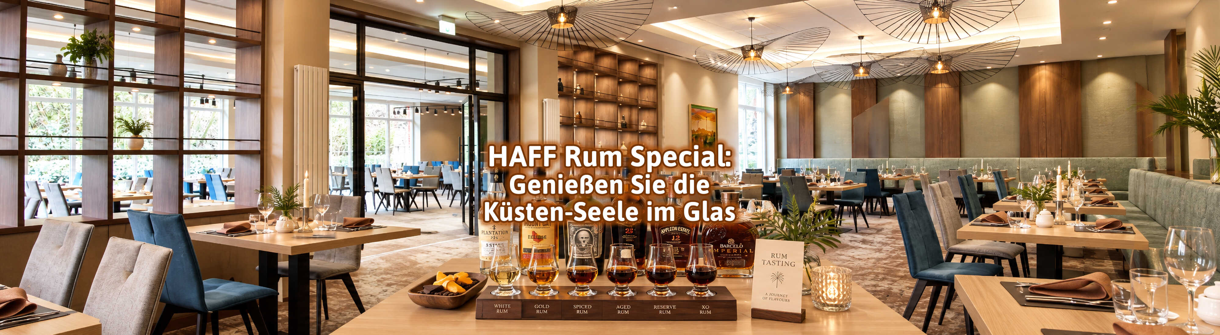 Das Bild zeigt eine stilvolle Rumverkostung mit verschiedenen Rumsorten und Gläsern in einem modernen Restaurant unter dem Motto „Haff Rum Special“.
