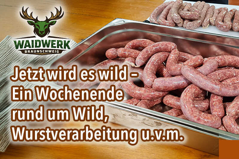 Das Bild zeigt frische Wildwürste aus dem Waidwerk Braunschweig und kündigt ein Wochenende rund um Wild und Wurstverarbeitung an.