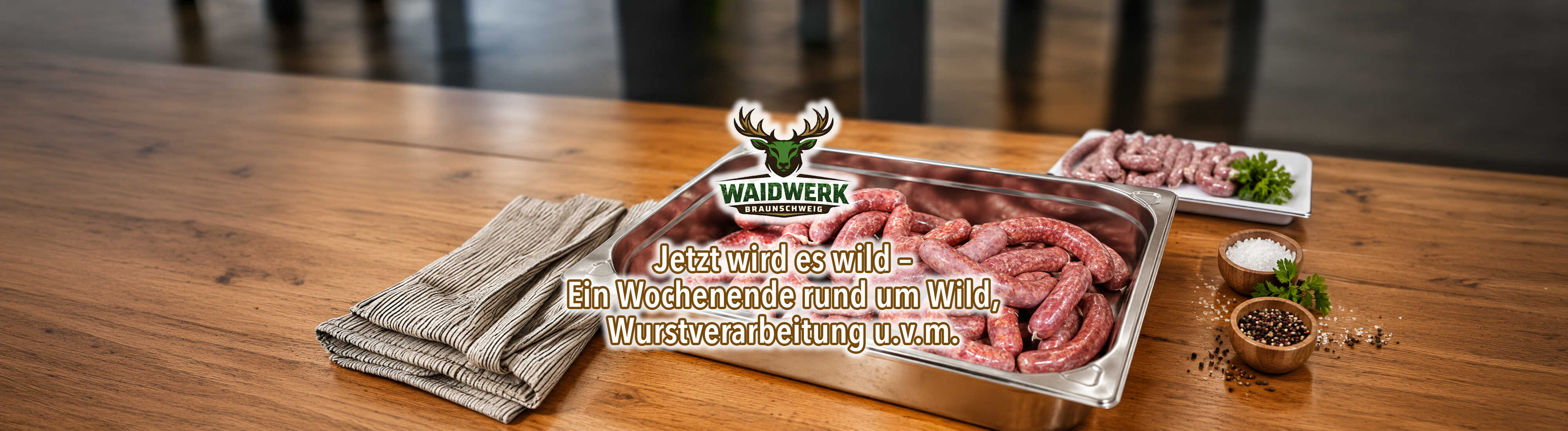 Das Bild zeigt frische Wildwürste aus dem Waidwerk Braunschweig und kündigt ein Wochenende rund um Wild und Wurstverarbeitung an.