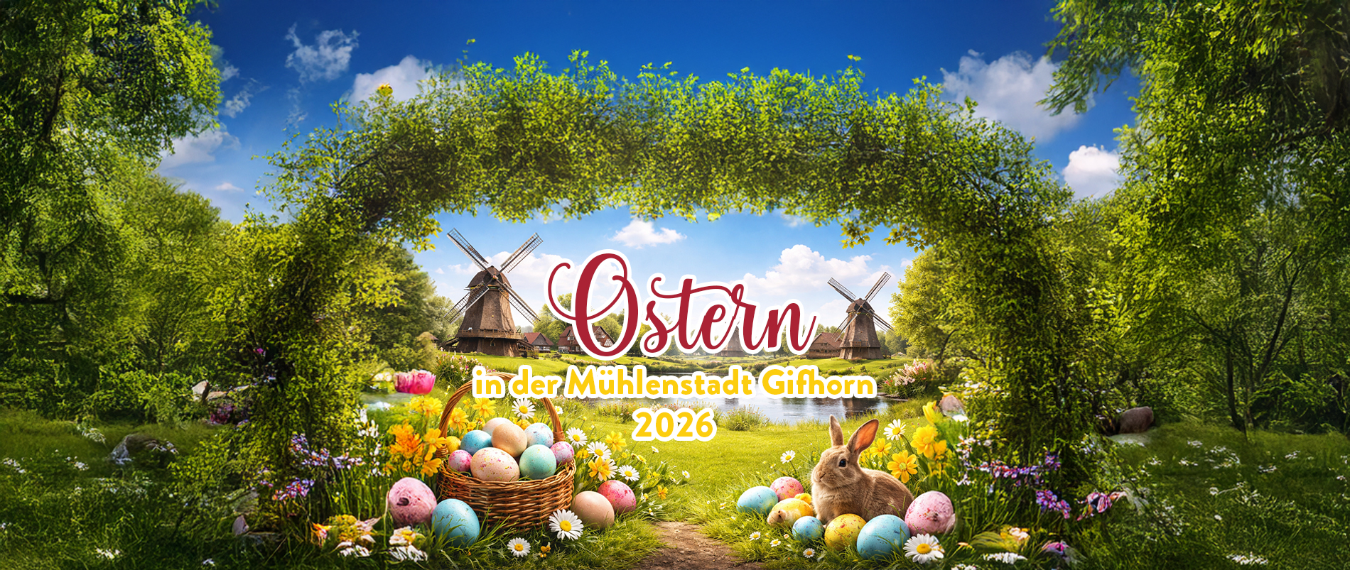 Traditionelle Windmühlen in einer grünen Umgebung an einem sonnigen Tag.