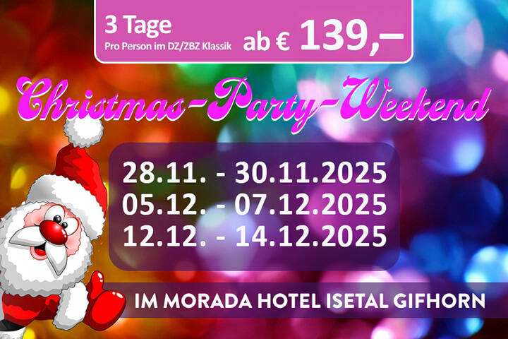 Christmas-Party-Wochenende im Morada Hotel Isetal Gifhorn ab 149 Euro Werbung für Christmas-Party-Wochenenden im Morada Hotel Isetal Gifhorn mit Santa Claus und buntem Hintergrund.