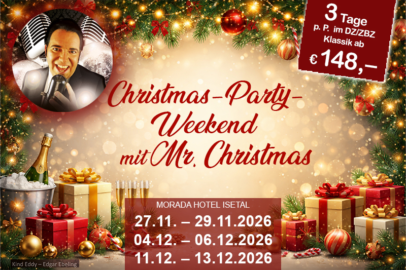 Werbung für Christmas-Party-Wochenenden im Morada Hotel Isetal Gifhorn mit Santa Claus und buntem Hintergrund.
