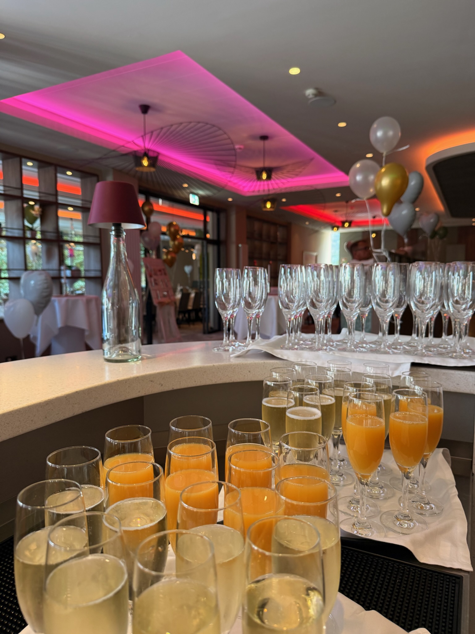 Ein Tisch mit Gläsern, die mit Orangensaft und Sekt gefüllt sind, vor einer Fensterfront mit Gartenblick.