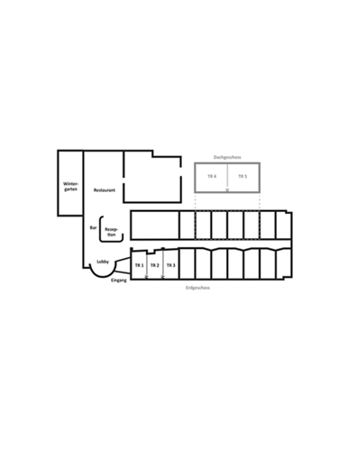 Grundriss eines Gebäudes mit einem Erdgeschoss und Dachgeschoss. Im Erdgeschoss sind Eingangsbereich, Lobby, Bar, Rezeption, Restaurant und Wintergarten eingezeichnet. Es gibt mehrere Räume mit Bezeichnungen TR1 bis TR3. Im Dachgeschoss sind zwei Räume TR4 und TR5 abgebildet.