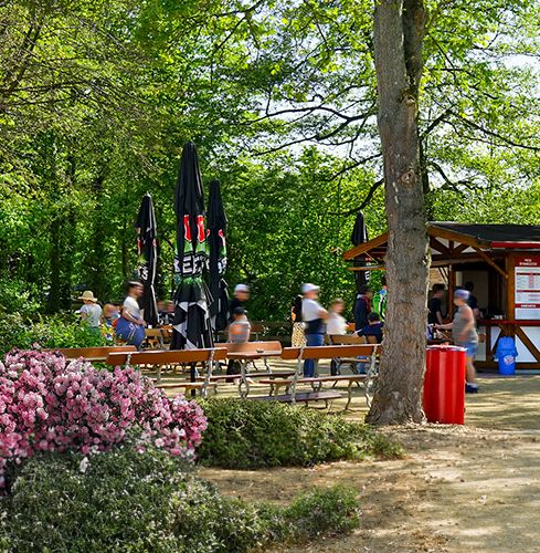 Ein Kioskhäuschen in einem sonnigen Park mit Sitzgelegenheiten und Besuchern an einem Frühlingstag.