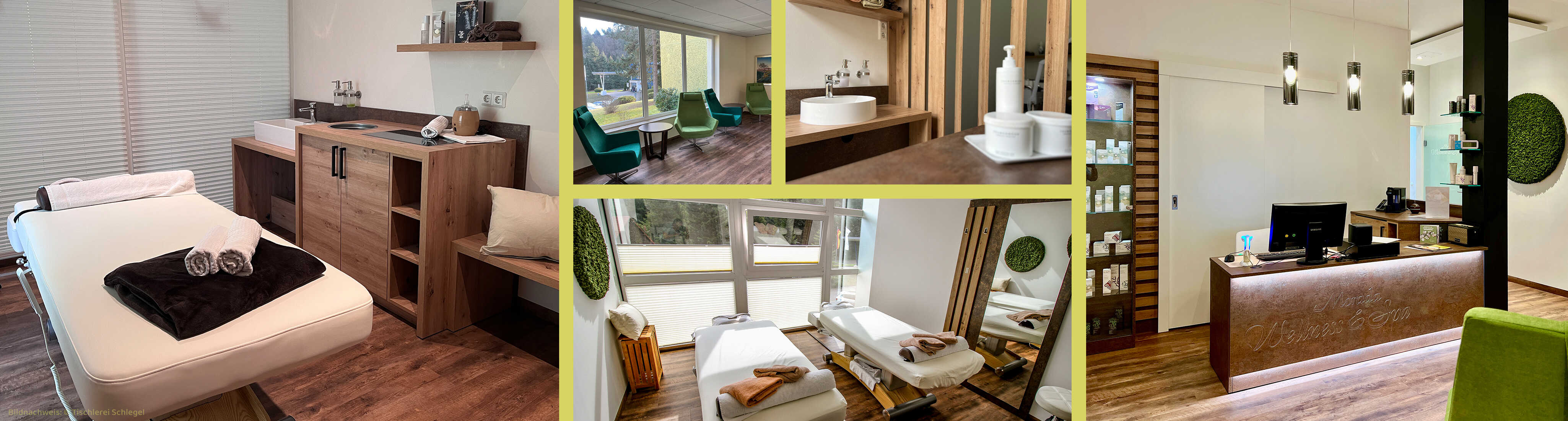 Collage aus einem Wellnessbereich mit Behandlungsräumen und einer Badewanne im MORADA WaldOase Hotel.